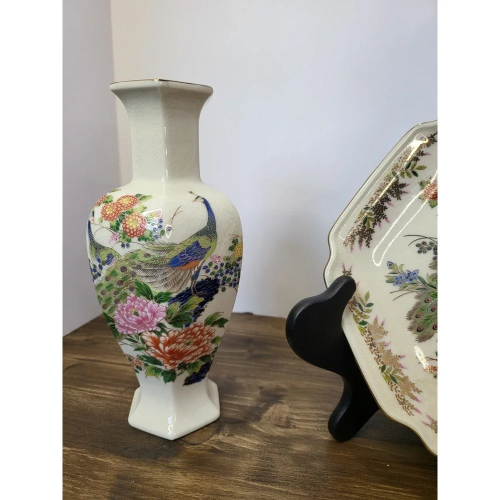 Vintage Japanese Satsuma Peacock Ceramic Inarco Vase Yamaji Plate Sato Gordon